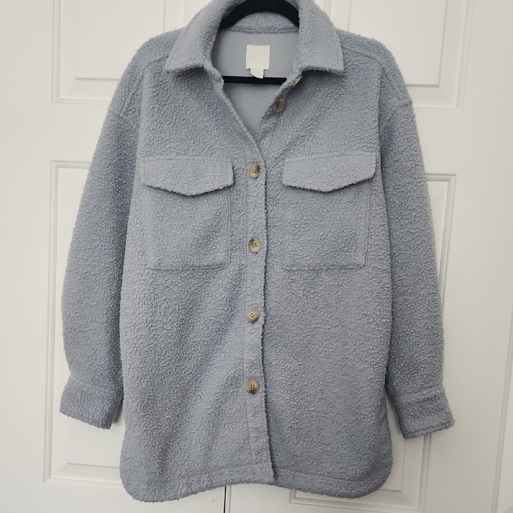 H&M Blue Teddy Jacket with Soft Texture and Relaxed Fit